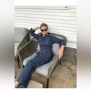 Wildfang TOMS Long Sleeve Coverall L Blue Cotton Yellow Stitched